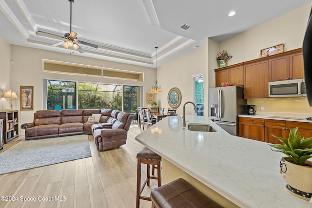 kitchen featuring sink, stainless steel appliances, a tray ceiling, and a kitchen breakfast bar