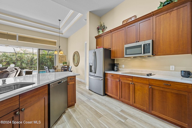 kitchen with hanging light fixtures, a raised ceiling, a chandelier, light hardwood / wood-style floors, and stainless steel appliances