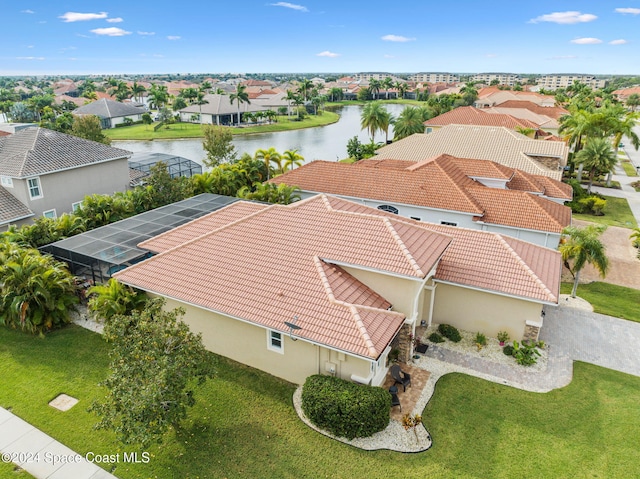 drone / aerial view featuring a water view