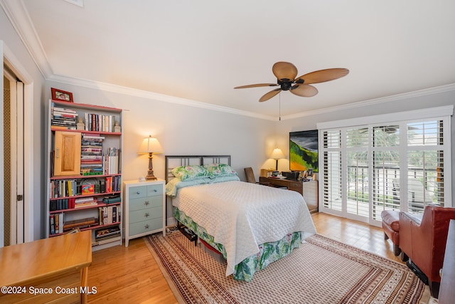 bedroom with ceiling fan, access to exterior, light wood-type flooring, and ornamental molding