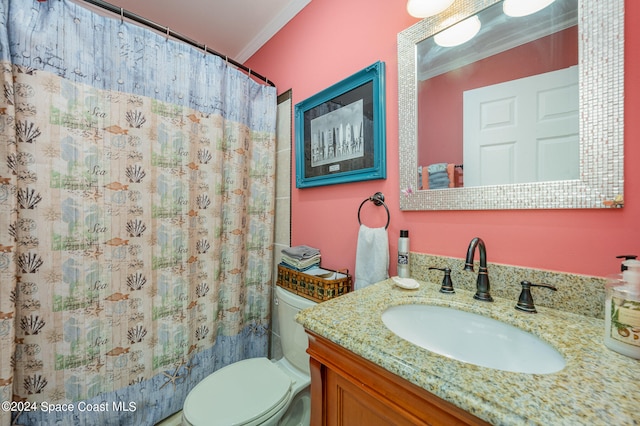 bathroom featuring vanity, toilet, walk in shower, and crown molding