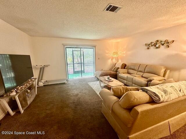 carpeted living room with a textured ceiling