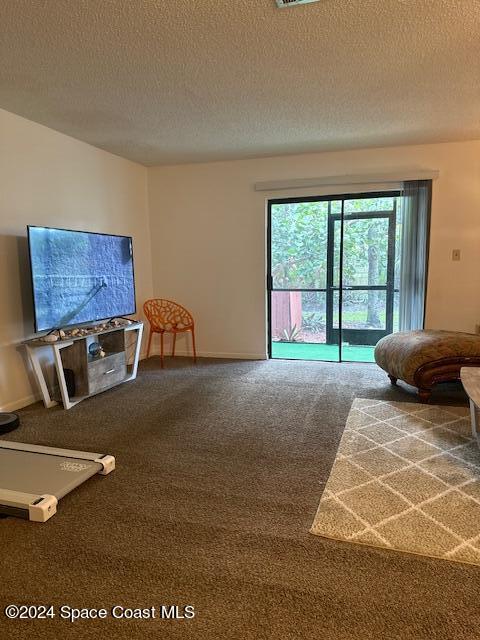 carpeted living room with a textured ceiling