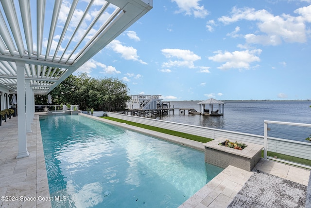 view of swimming pool with a pergola, a water view, a dock, and a patio area