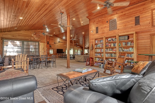 carpeted living room featuring wood ceiling, high vaulted ceiling, and ceiling fan