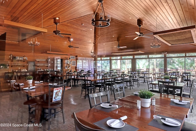 dining area with wood walls, high vaulted ceiling, and wooden ceiling