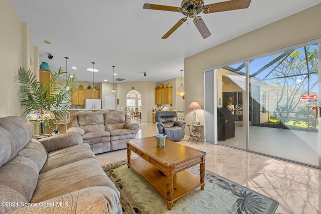 living room featuring ceiling fan