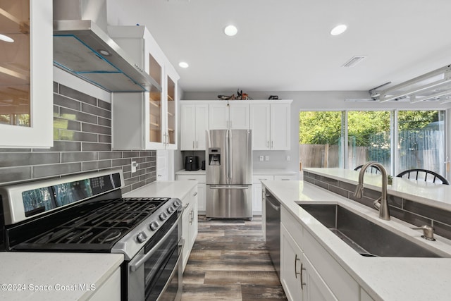 kitchen with appliances with stainless steel finishes, sink, plenty of natural light, and dark hardwood / wood-style floors