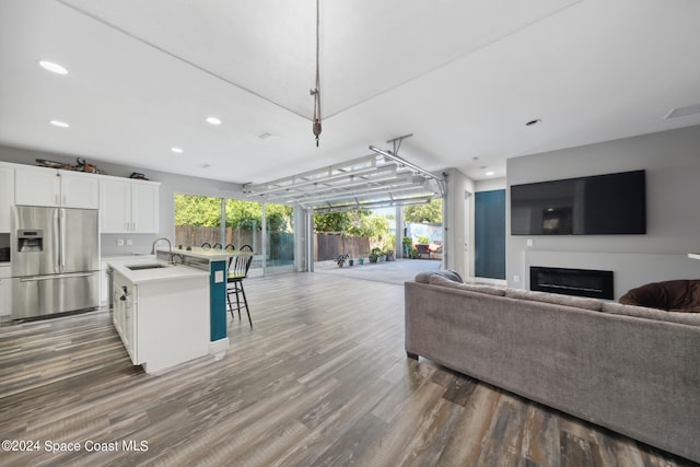 living room featuring dark wood-type flooring and sink