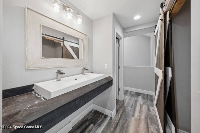 bathroom with vanity and wood-type flooring