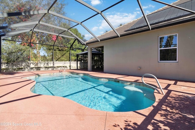 view of swimming pool with a lanai and a patio area