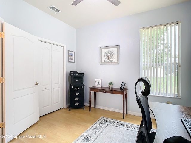 office featuring ceiling fan and light wood-type flooring