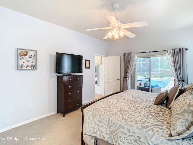 bedroom featuring light colored carpet, access to outside, and ceiling fan