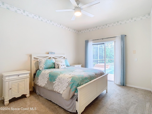 bedroom featuring carpet flooring, access to exterior, and ceiling fan