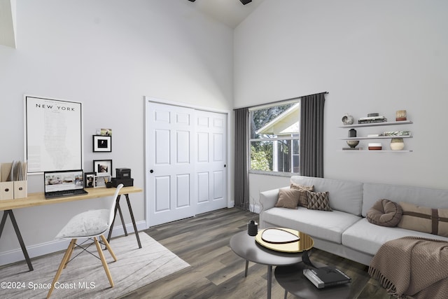 480 Prestwick Ct, Melbourne, FL 32940 - office space with baseboards, a ceiling fan, wood finished floors, and high vaulted ceiling