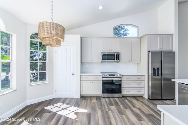 kitchen featuring appliances with stainless steel finishes, dark wood-type flooring, pendant lighting, and a wealth of natural light