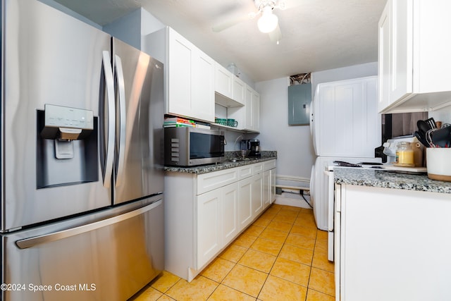 kitchen featuring white cabinets, ceiling fan, stainless steel appliances, and electric panel