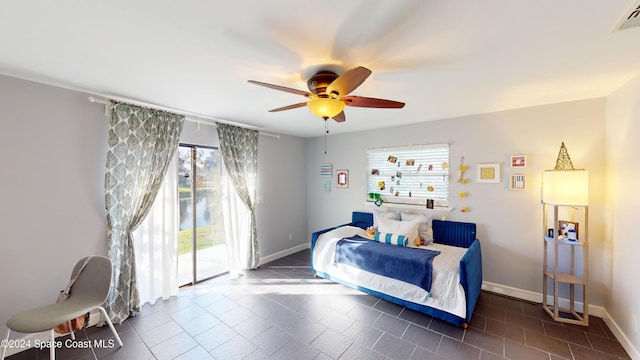 bedroom featuring ceiling fan and access to exterior