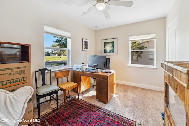 office area with carpet and ceiling fan