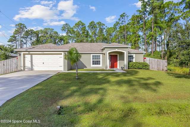 single story home with a front yard and a garage