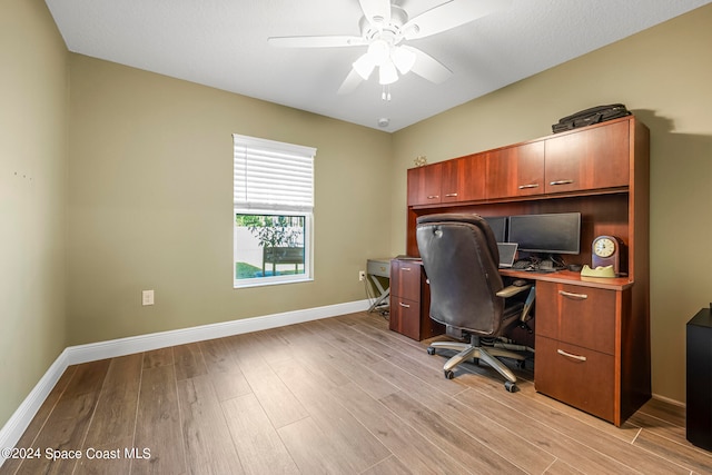 office space with light hardwood / wood-style floors and ceiling fan