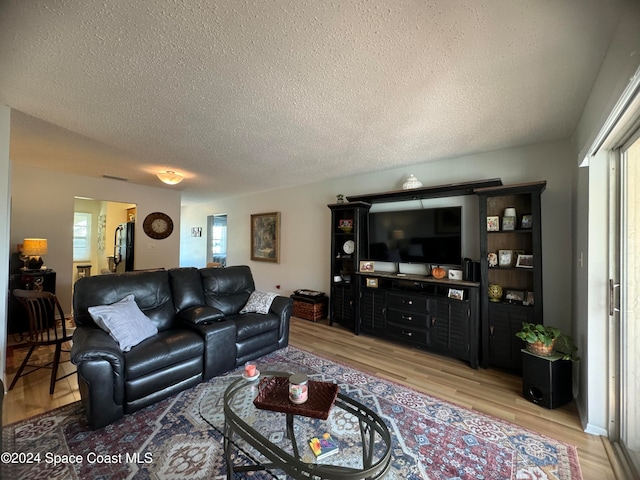 living room with a textured ceiling and light wood-type flooring