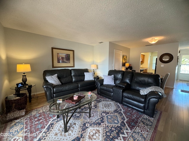 living room featuring hardwood / wood-style flooring and a textured ceiling