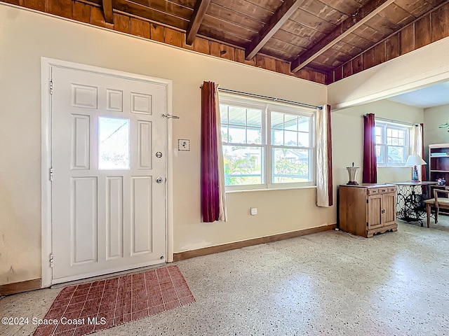 foyer with wood ceiling and beamed ceiling