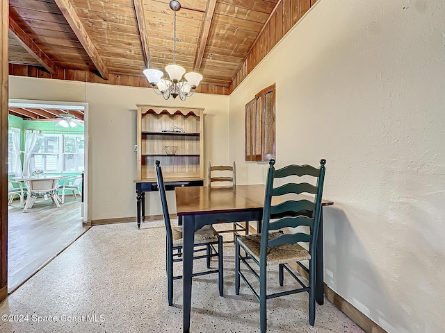 185 Richards Rd, Melbourne Beach, FL 32951 - dining room featuring wooden ceiling with exposed beams, a chandelier, and baseboards