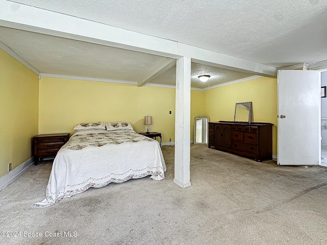 carpeted bedroom with crown molding, a textured ceiling, and beam ceiling