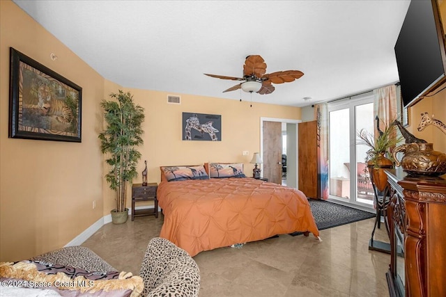 bedroom featuring access to exterior and ceiling fan