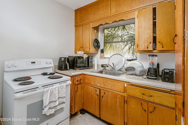 kitchen with sink and white range with electric stovetop