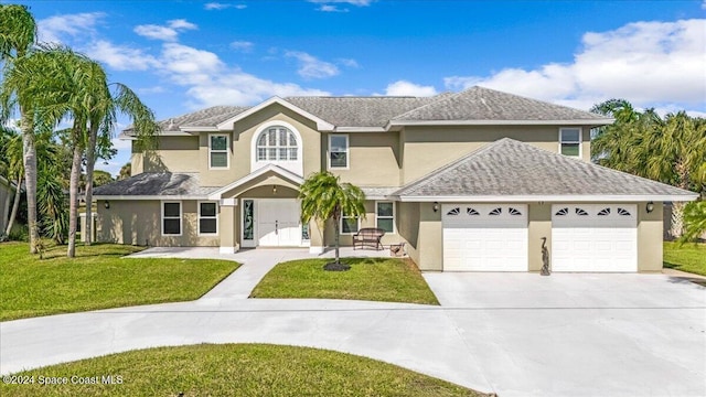 view of front of house featuring a garage and a front lawn