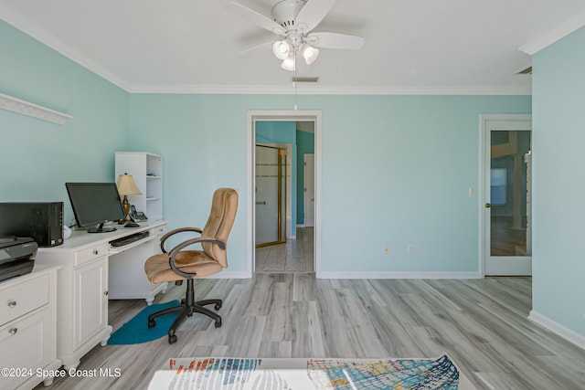 office area with light hardwood / wood-style flooring, crown molding, and ceiling fan