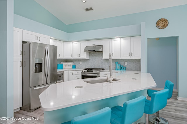 kitchen with white cabinetry, kitchen peninsula, and stainless steel appliances