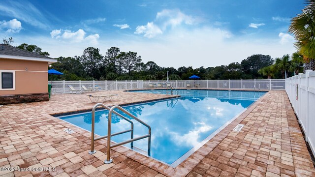 view of swimming pool with a patio area