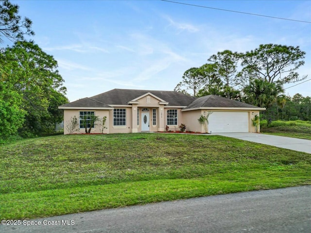 ranch-style house with a front yard and a garage