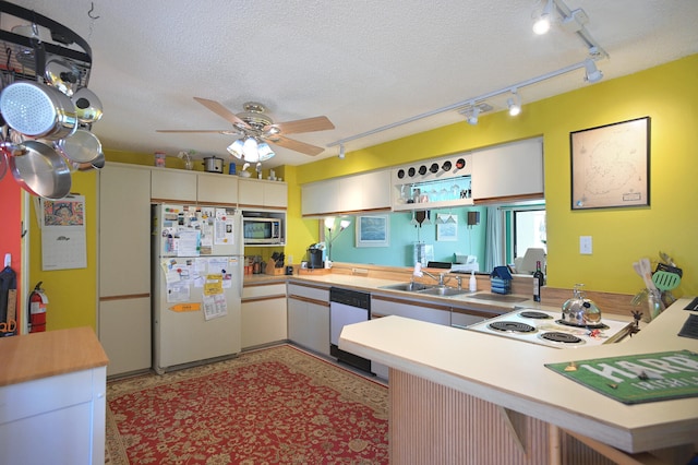 kitchen with appliances with stainless steel finishes, kitchen peninsula, a textured ceiling, and sink