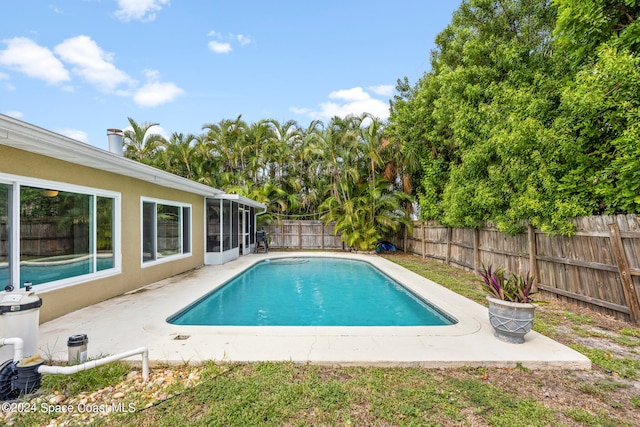 view of swimming pool featuring a sunroom and a patio area