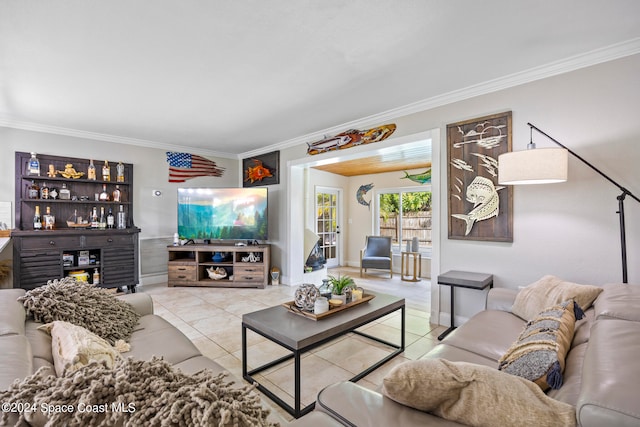 tiled living room featuring crown molding