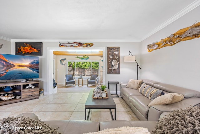 living room featuring crown molding and light tile patterned floors