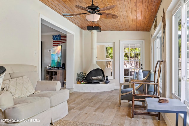 sunroom featuring wood ceiling, a fireplace, and ceiling fan