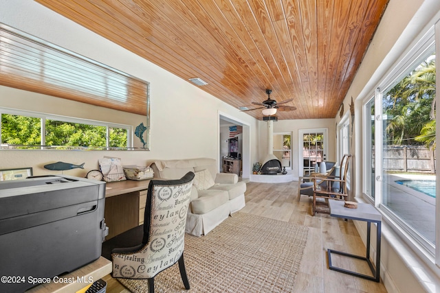 sunroom featuring wood ceiling and ceiling fan