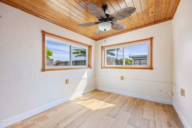 empty room featuring crown molding, ceiling fan, light hardwood / wood-style floors, and wooden ceiling