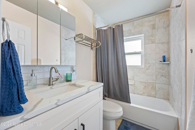 full bathroom with toilet, tasteful backsplash, vanity, and shower / bath combination with curtain