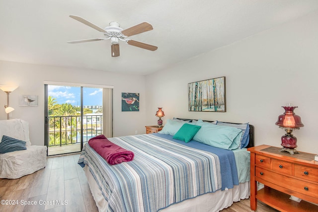 bedroom with light hardwood / wood-style floors, access to outside, and ceiling fan