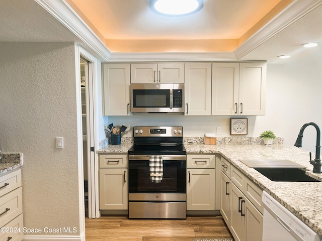 kitchen featuring light hardwood / wood-style flooring, stainless steel appliances, sink, light stone countertops, and a raised ceiling