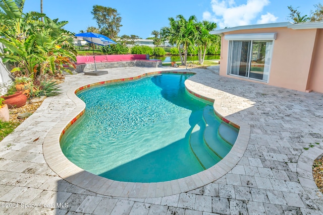 view of swimming pool with a patio area