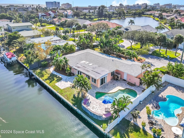 aerial view featuring a water view