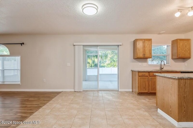 kitchen with a textured ceiling, light hardwood / wood-style flooring, and plenty of natural light